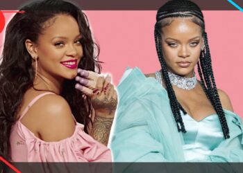 Dos retratos de una artista famosa con looks glamorosos y contrastantes que sugieren moda, joyería y éxito empresarial.