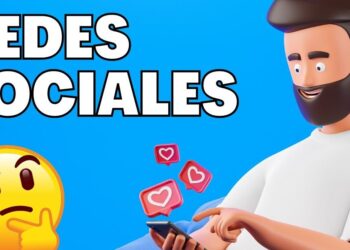 Ilustración 3D de un hombre sonriente usando el móvil con corazones flotantes y texto redes sociales 5 en fondo azul.