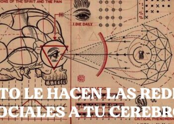Ilustración de cráneo, ojo, flechas y redes geométricas que representa el impacto visual de redes sociales 6 en el cerebro