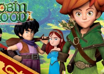 Póster animado de Robin Hood con jóvenes aventureros en Sherwood, estilo 3D colorido y personajes principales listos para la acción