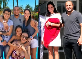 Los hijos de Roberto Carlos: secretos y curiosidades familiares en una imagen de una familia sonriente junto a una piscina y una pareja abrazando a un recién nacido envuelto en una manta roja.