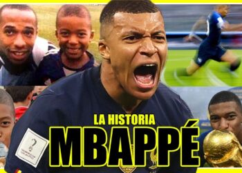 Collage de un futbolista celebrando, imágenes de su infancia con familiares y un trofeo dorado que evoca éxitos y recuerdos.