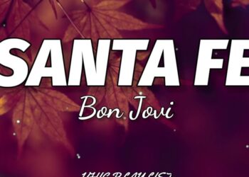 Cartel otoñal con hojas desenfocadas y tipografía dominante que muestra 'SANTA FE' y 'Bon Jovi', Santa Fe Klan: Descubre su origen y el impacto de su música.