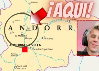 Mapa de Andorra con un círculo y flecha señalando una zona específica junto a el retrato de un creador de contenido, insinuando dónde vive un famoso youtuber en Andorra.