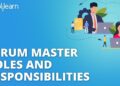 Imagen con texto sobre roles y responsabilidades de Scrum Master, ilustraciones de profesionales y engranajes; Sueldo de Scrum Master: Descubre cuánto puedes ganar hoy.