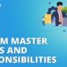 Imagen con texto sobre roles y responsabilidades de Scrum Master, ilustraciones de profesionales y engranajes; Sueldo de Scrum Master: Descubre cuánto puedes ganar hoy.