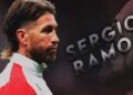 Perfil lateral de futbolista con texto sergio ramos 2 y efecto tipográfico