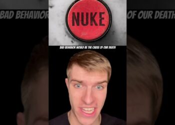 Botón rojo marcado "NUKE" y el primer plano de un joven con expresión intensa, evocando alerta y emotividad — Los hijos de Stephen Hawking: su vida y legado inspirador