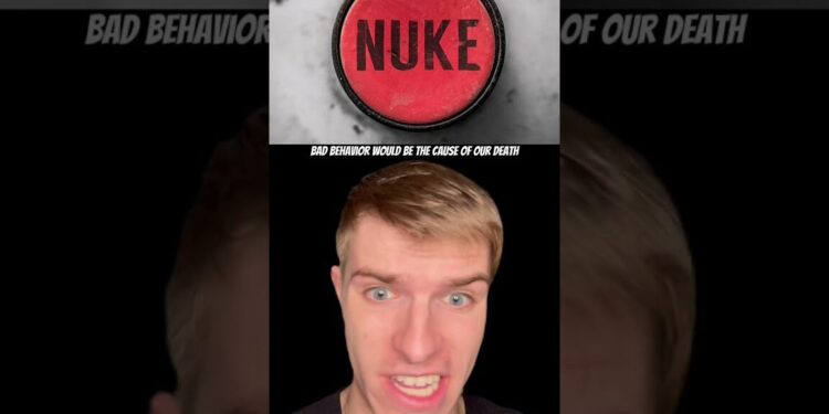 Botón rojo marcado "NUKE" y el primer plano de un joven con expresión intensa, evocando alerta y emotividad — Los hijos de Stephen Hawking: su vida y legado inspirador