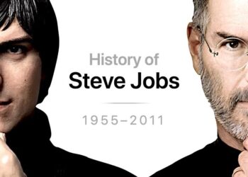 Composición dividida con dos retratos frontales y el texto History of Steve Jobs 1955–2011, Los hijos de Steve Jobs: secretos, vidas y legado familiar