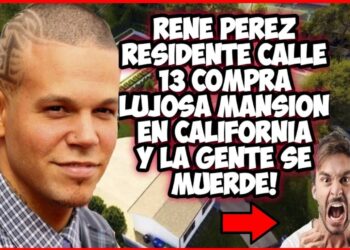 Anuncio tipo miniatura con retratos, flecha roja y vista aérea de una mansión en California: Dónde vive Residente: descubre la casa del rapero famoso