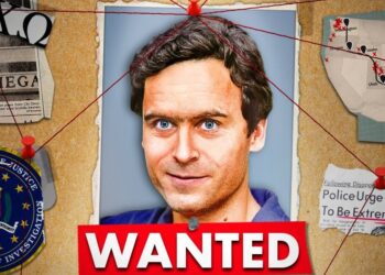 Retrato tipo ficha policial de un hombre clavado en un tablón de investigación con hilos rojos, mapas, recortes de periódico y la palabra WANTED.