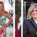 Mujer rubia sonriente en dos fotos comparativas mostrando un vestido estampado y un abrigo oscuro