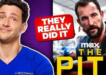 Cartel promocional dividido con un presentador sonriente junto a un póster dramático de 'The Pitt', texto llamativo en inglés y logo de streaming; Descubre los momentos más impactantes de los Emmys 2025: las sorpresas de ‘The Pitt’, ‘The Studio’ y ‘Adolescence’ que no te puedes perder