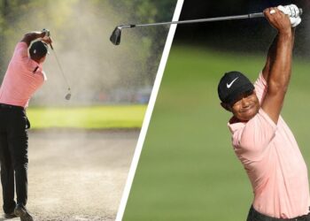 Cuánto cobra Tiger Woods: secretos de su fortuna millonaria 26 Golfista con camiseta rosa y gorra negra golpeando desde un búnker en un campo verde, Cuánto cobra Tiger Woods: secretos de su fortuna millonaria
