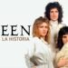 Póster con retrato de cuatro músicos y el texto ¿Qué fue de Queen? La historia y legado de la banda icónica sobre fondo claro.