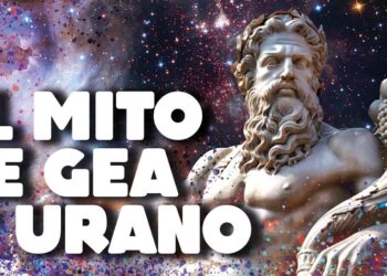 Estatua clásica masculina sobre fondo estelar con texto promocional y La esposa de Urano: descubre a Gaia y su papel en la mitología.