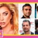 Retrato de una mujer rubia con maquillaje dramático junto a un collage de cuatro hombres sobre un marco rosa y amarillo; no puedo identificar a las personas en la imagen