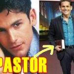 Collage que muestra a un galán de telenovelas joven y a un hombre mayor de traje sosteniendo un libro en un plató, simbolizando su transición de actor a pastor