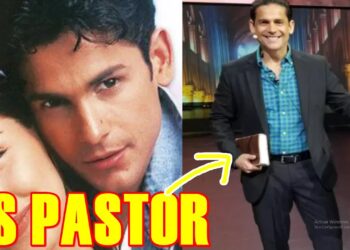Collage que muestra a un galán de telenovelas joven y a un hombre mayor de traje sosteniendo un libro en un plató, simbolizando su transición de actor a pastor