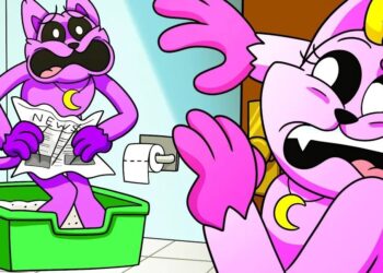 Ilustración colorida de dos gatos animados rosados en un baño, uno en la caja de arena sosteniendo un periódico y otro con expresión sorprendida, Los hijos de Will Kirk son demasiado adorables en este video exclusivo de sus vacaciones familiares que no te puedes perder