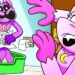 Ilustración colorida de dos gatos animados rosados en un baño, uno en la caja de arena sosteniendo un periódico y otro con expresión sorprendida, Los hijos de Will Kirk son demasiado adorables en este video exclusivo de sus vacaciones familiares que no te puedes perder