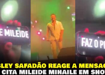 Cantante en el escenario con luces y público sosteniendo carteles luminosos; Wesley Safadão: descubre su impresionante caché en el São João