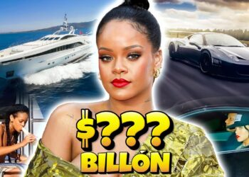 Retrato de una artista famosa rodeada de yate y coches de lujo, con énfasis en su patrimonio y riqueza.