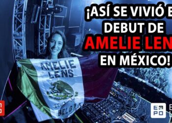 ¿Cuánto cobra Amelie Lens por sus impresionantes shows? Nombre visible en una bandera mexicana mientras un DJ en cabina frente a una multitud y luces de festival.