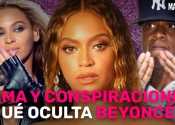 Montaje visual con retratos de una cantante principal y un artista masculino, fondo morado y texto llamativo sobre fama y conspiraciones sobre la fortuna musical.