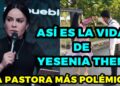 Imagen dividida con una mujer hablando al micrófono y una pareja bailando al aire libre, con texto promocional; Familia de Yesenia Then: secretos y conexiones sorprendentes.