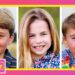Tres niños sonrientes en retratos verticales alineados con borde rosa y logo Showbiz