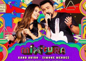 Cartel vibrante con xand aviao y dos cantantes frente a un fondo psicodélico y elementos musicales