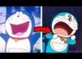 Descubre dónde vive Nobita: la casa del famoso personaje de Doraemon en una imagen comparativa que muestra a Doraemon feliz a la izquierda y sorprendido a la derecha con una flecha roja entre ambas.