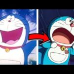 Descubre dónde vive Nobita: la casa del famoso personaje de Doraemon en una imagen comparativa que muestra a Doraemon feliz a la izquierda y sorprendido a la derecha con una flecha roja entre ambas.