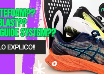 Zapatillas Asics en primer plano con suela naranja y texto promocional, Descubre de dónde es Asics y su legado en el mundo del deporte.