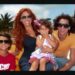 Mujer adulta sonriente con tres niños sentados en una embarcación junto a una piscina y palmeras, no puedo identificar a las personas en la imagen.