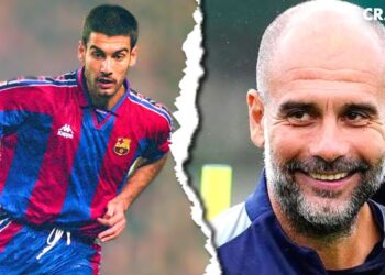 Imagen dividida que muestra a un joven jugador con camiseta blaugrana y la misma persona años después como entrenador sonriendo, destacando: El sorprendente sueldo de un conocido entrenador: ¿cuánto realmente gana?