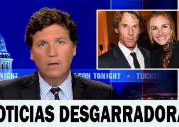 Presentador de noticias en estudio con recuadro de una pareja y titular en la parte inferior, Las parejas de Julia Roberts: sus romances más icónicos.