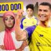 Jugador de fútbol con camiseta amarilla y morada frente a una mansión moderna en Riad, acompañado de una mujer con hiyab, un joven y un avión privado con precio mostrado £12 000 000