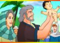 Ilustración animada que muestra a los padres presentando a un bebé al pueblo, Hijos de Isaac y Rebeca: La historia de Jacob y Esaú en la Biblia.