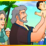 Ilustración animada que muestra a los padres presentando a un bebé al pueblo, Hijos de Isaac y Rebeca: La historia de Jacob y Esaú en la Biblia.