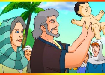 Ilustración animada que muestra a los padres presentando a un bebé al pueblo, Hijos de Isaac y Rebeca: La historia de Jacob y Esaú en la Biblia.